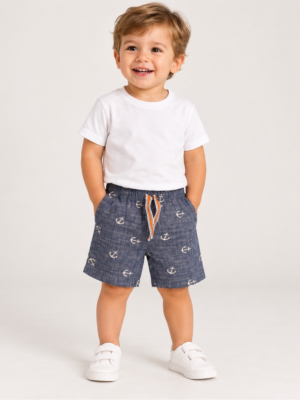 Toddler Boys Navy Chambray Anchor Print Pull-On Shorts 2T